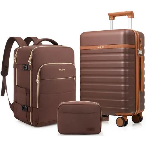 UKEIN Durable 3-Piece Travel Luggage Set, Unisex Bump-Resist Polycarbonate Hardshell with 20-Inch Carry-On Luggage, Silent Spinner Wheels, TSA Lock, Organized PVC Backpack, 18" Backpack Sleeve, International Travel
