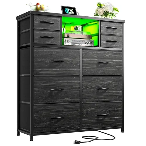 【Stock Up】Raybee Sturdy Frame 10 Fabric Drawers Tower Dresser for Bedroom, Storage Bins, Solid & Stable, Charging Station & LED Light Strips, Sturdy Metal Frame Construction Dresser, Multifunctional Cupboard Cabinet with Fabric Bins,Easy Assembly