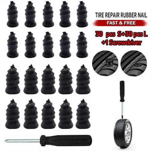 【DealsForYouDays】30PCS / 60PCS 2-Size Tire Repair Screws Plug Kit with 1 Screwdriver, Self-service Tire Repair Vacuum Rubber Nails for Car/Motorcycle/Truck/Tractor, Fast Puncture Repair Supplies