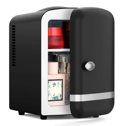 Kismile Retro Mini Fridge - 4L Compact 6-Can Dual Temp. Mini Fridges with Freezer, 25db Quiet Run, 32°F Below Ambient Temperature, 132°F Constant Temperature, AC (120V), Pink for Dorm, Vanity Table Cosmetics Storage