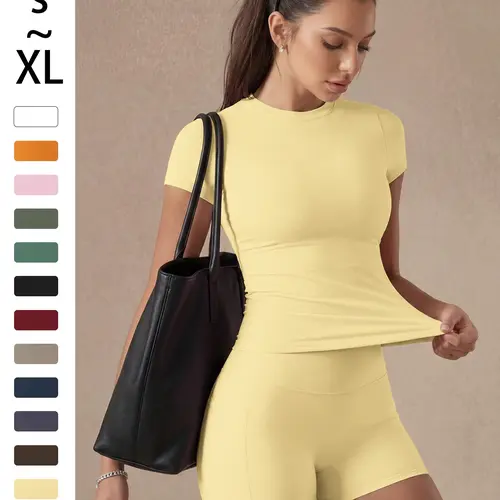 Women's Plain Color Set, Basic Versatile T-Shirt Top, Fashion Multi-Purpose High Waist Sporty Shorts, Yoga Fitness, Date Night Wear