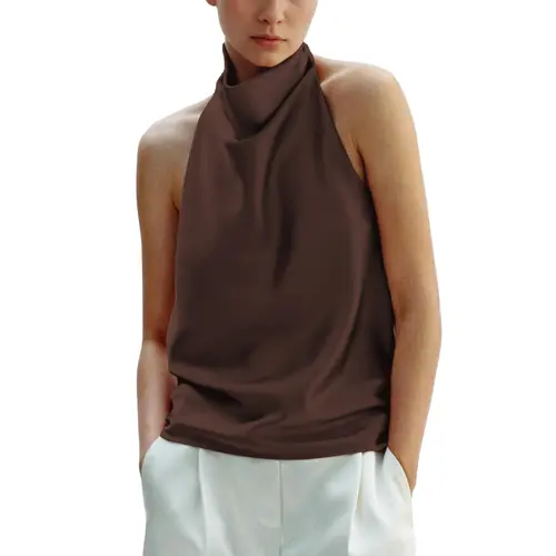 Hixiaohe Women's Silky Satin Backless Strapless High-Neck Cropped Halter Tank Top - Basic Casual Loose Fitted Sleeveless Y2K Retro Elegant Glossy Polyester Fabric Outing Top