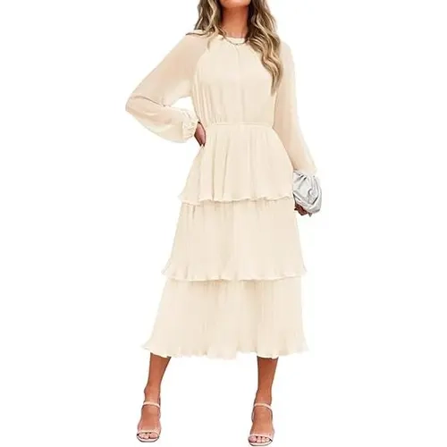 ZESICA Women's 2026 Fall Chic Elegant Long-Sleeve Chiffon Midi Dress - Ruffle, Tiered, Flowy Swing, Crew Neck, Formal Dinner, Graduation, Wedding Guest Dress