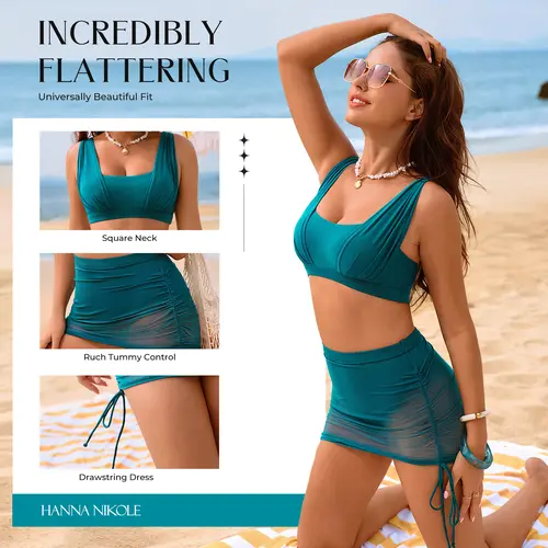 【S-XL】Hanna Nikole Womens High Waisted Swim Skirt, Tummy Control Mesh Bikini Sets, 2 Piece Swimsuit Drawstring Bathing Suits #DealsForYouDays #SummerWins #thememorialdays