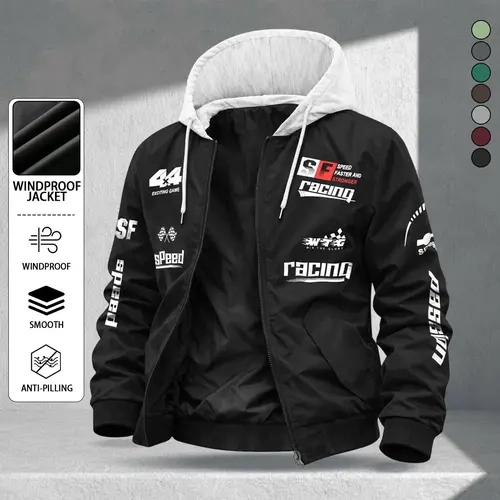 Stylish Men's Casual Hooded Jacket. Featuring a windproof and abrasion-resistant surface treatment, this jacket is the perfect choice for sporting events, street outings, racing-themed parties, everyday casual wear, and commuting.   Long Sleeve Graphic