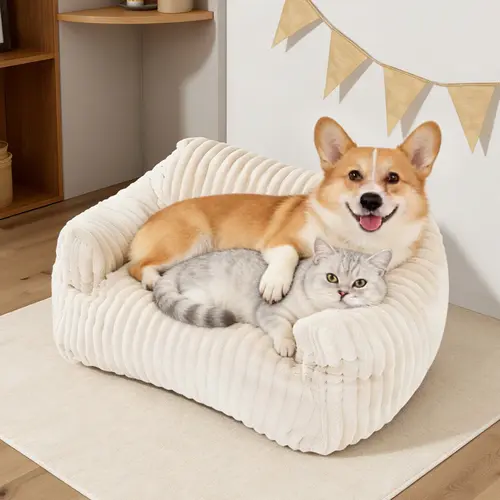 LIKIMIO Pet Shaped Couch Bed - 24/30 in Corduroy Fluffy Shaped Beds for Small-Med Cats & Dogs, Removable Machine-Wash Cover, 24h Soft Expand Fill, Non-Slip Base, Optimal Head & Neck Support, Cozy Warmth Indoor Pet Furniture