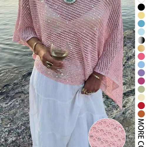 Elegant Women's Spring Summer Fashion Casual Knit Lace Top, Sequin Solid Semi-Transparent Loose-Fitting Pullover, Sleeveless Cape