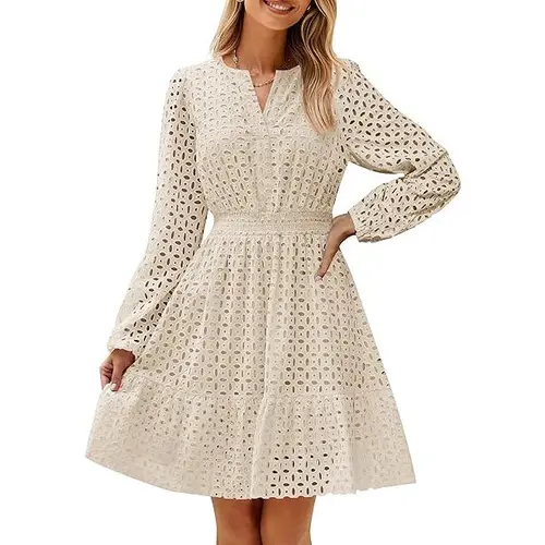 ZESICA Women's 2026 Casual Boho Chic Long-Sleeve V-Neck Above Knee Mini Dress - Hollow-Out Eyelet Embroidery, Ruffle A-Line Swing Design, for Business & Birthday Occasions