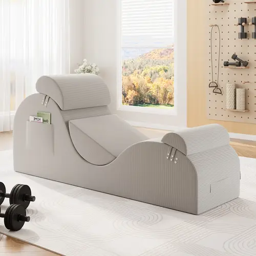LIKIMIO Adjustable Armless Ergonomic Corduroy Yoga Chair for Adults - Unassembled Cushioned Lazy Bed Living Room Furniture, High-Density Flexible Sponge, Removable Headrest, Waist Cushion, Footrest, Side Pocket Storage, Steady Nonslip Base, Reading Use