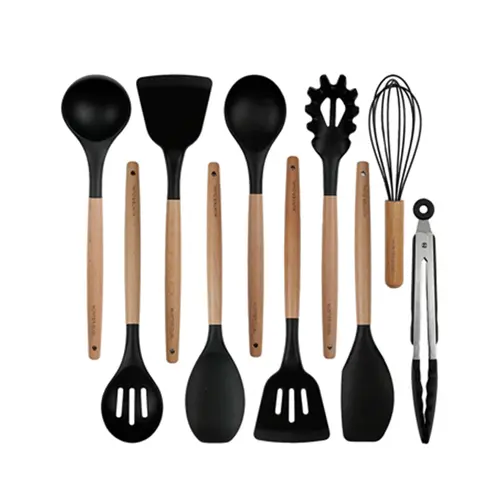 NULAS Silicone Cooking Utensils Set 10 Pcs - BPA Free Kitchen Utensil Set with Heat-Resistant Wood Handles, Non-Scratch Spatula Set Safe for Nonstick Cookware (Black) summerwins,home essentials familyfun