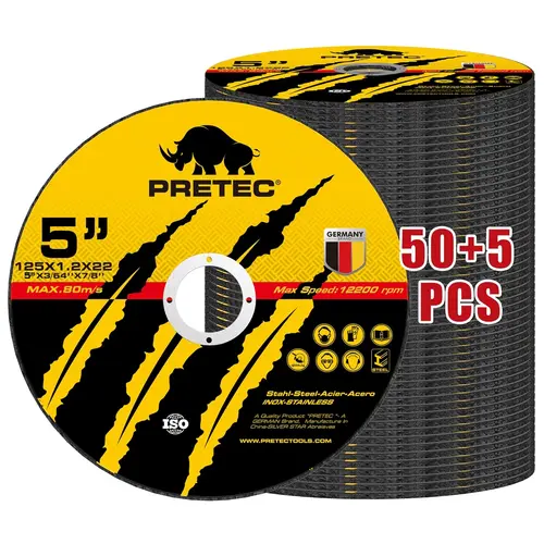 5" Cut Off Wheels for Angle Grinder, PRETEC 50+5 Pack Thin Metal & Stainless Steel Cutting Discs, Fast 5” x 3/64" x 7/8" Wheels