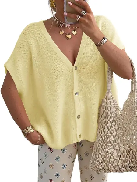 Saodimallsu Women's Fall Baggy Oversized Knit Cardigan - Batwing Short Sleeve, Lightweight Button V-Neck, Fit Everyday Tops, Minimalist & Casual Women's Knitwear, Outdoor Wear,summerwins summerwins