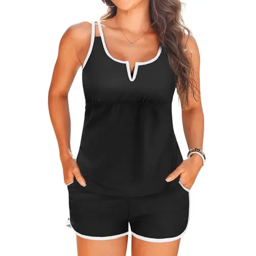 Aqua Eve Tankini with Shorts - Two Piece Tummy Control Swimsuit V-Wire Tank Top with Boyhorts Bathing Suit with Side Pockets DealsForYouDays