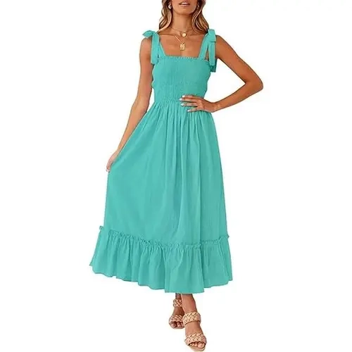 ZESICA Women's 2026 Summer Chic Breathable Lightweight Boho Sleeveless Spaghetti-Strap Square-Neck Solid Ruffle A-Line Beach Evening Maxi Dress with Tie-Up Ribbons, Cold Wash Only, Do Not Bleach