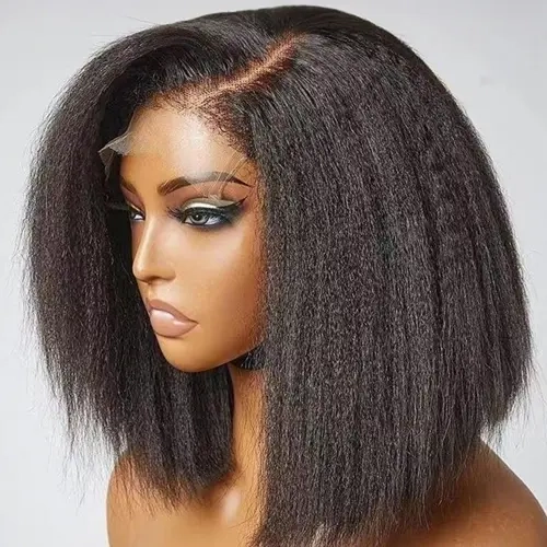 14 Inch Short Curly Straight Lace Front Wig, 180 Density Natural African Style Yaki Synthetic Hair, Pre-Bleached Side Deep Part, Lace Frontal Wigs, Fashionable Glueless Wig, Glueless Yaki Wig