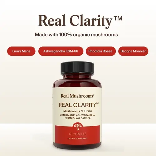 RealClarity Lion's Mane Ashwagandha Rhodiola & Bacopa 500mg Pills 30 Servings Gluten-Free Non-GMO Vegan Organic Extracts