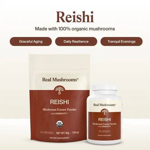 Real Mushrooms Organic Reishi Capsules | Ganoderma Lucidum 1000mg Per Serving | Dual Extracted | Lab Verified Potency | USDA Certified | Vegan Gluten Free Non GMO | 90 or 200 Capsules