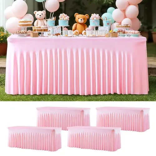 Classic 4-Piece Stretchy Spandex Table Covers Set - Ruffled Elastic Pleats, Easy Install, Wrinkle-Free, Item-Hiding, Multi-Size for 4/6/8ft Rectangle Tables, Elasticity, Machine Washable, Party Decor for Birthday
