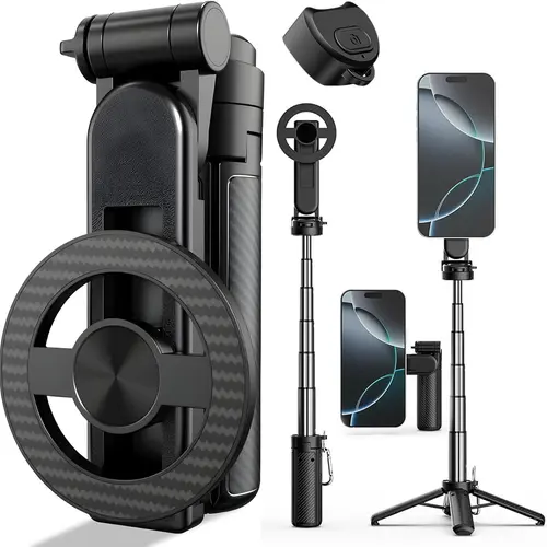 4-in-1 Wireless Bluetooth Remote Control Selfie Stick for Smartphone - Portable Adjustable Magnetic Pocket Holder, 360° Rotating Compact Expandable Tripod, Vlogging Equipment Accessories for iPhone & Most Android Phones