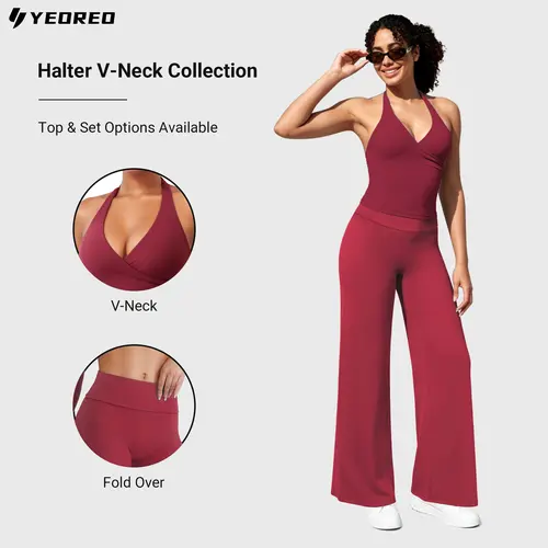 YEOREO Women’s 2-Piece High Stretch Fitted Quick Dry Gym Workout Apparel Set - V-Neck Halter Backless Padded Longline Sports Bra, Flare Leg Yoga Pants for Gym Fits, Yoga, Running
