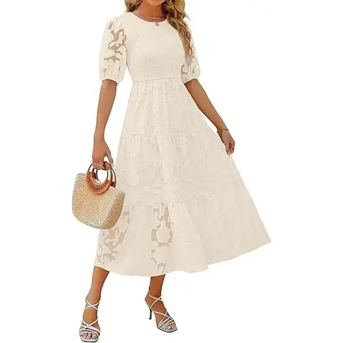 ZESICA Women's 2026 Summer Chic Casual Midi Dress - Short Puff Sleeves, Crewneck, Smocked, Floral Lace, Flowy A-Line, Tiered, Breathable, Comfy Coverage for Hot Days, Party, Wedding
