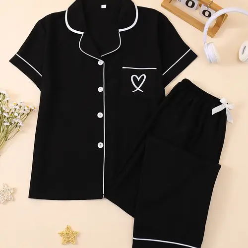 Women's Casual Fitted Sleepwear Set, Soft Fabric Heart Embroidery Pajama Set, Short Sleeves Plain Everyday Home Wear, Loungewear & Nightwear Set, All-Season Pjs, Homewear, Fitted Pyjama Set