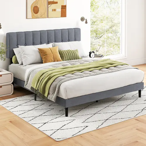 Sweetcrispy Velvet Upholstered Headboard Platform Bed Frame - Slatted Bed Base, Adjustable 41-47in Headrest, 6+Center Leg Support, Strong Wood Slats, All Parts in 1 Box, No Box Spring Needed, Fits 6-12in Mattress Heights, Easy Setup, Modern Home Decor Fit