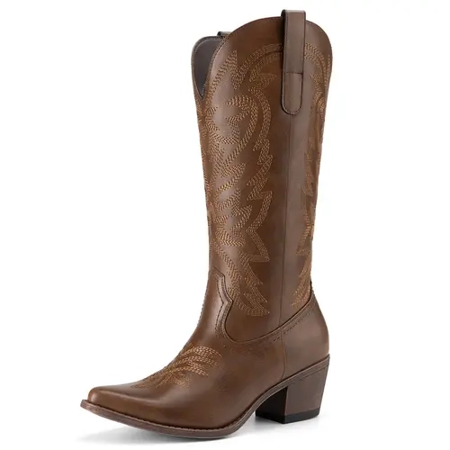 Athlefit Women's Stylish Chic Preppy Athletic Soft PU Western Cowboy Boots - Women's Shoes, Low Block Chunky Heel, Snip Toe, Embroidered, Mid Calf, Padded Comfy, Side Zipper, Date Party Footwear