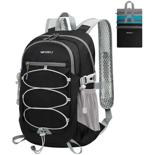 WATERFLY 15L Nylon Foldable Adventure Carry On Backpack - Ergonomic, Lightweight Waterproof, Multifunctional Casual Daypack with Breathable Adjustable Straps, Bottle-Hold Mesh, Compact Pouch for Outdoor Hiking (Unisex)