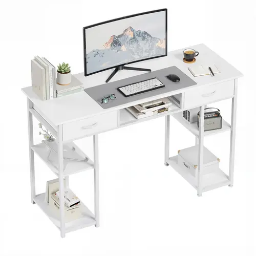 Sweetcrispy 32 In Modern White Wood-Metal Desk with Fabric Drawers, Storage, Versatile Hooks & User-Friendly Office Partition, Vanity Furniture for Small Spaces (Student Study Desk, Home Office Workstation)