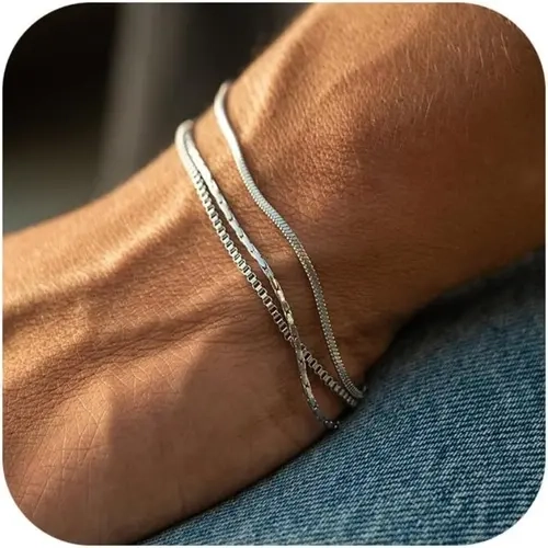 Men's 3-Piece Stackable Bracelet Set - Non-Tarnish Stainless Steel Cuban Link, Snake & Box Chains with Cross Charm, Adjustable Silver Modern Fashion Accessories, Gifts for Adults