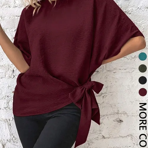 Chic Basic Knot-Front Short Sleeve Crewneck Batwing Oversized Loose Fit Casual Tie Front Blouse for Vacation Daily Casual Outfits Tops