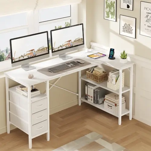 Modern L-Shape Gaming Desk - Brown Reversible Composite Wood Computer Corner Desk with Storage Drawers, Adjustable Shelves, Built-In Power Outlets, X-Bar Support for Apartment Bedroom Home Office Workstation