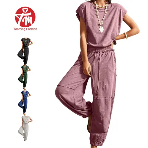 Tanming Womens Button-Back Jumpsuit - One-Piece Ruffle Waist Casual Romper with Paneled Cinch Hems - Spring Summer Fall Daily Vacation Lounge