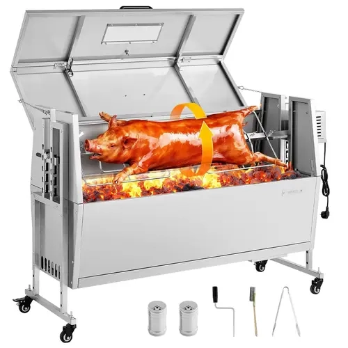 VEVOR Rust-Resist Steel Portable Charcoal Grill - 38W Motor-Driven Pig & Lamb Spit Rotisserie, 132 LBS Capacity, Lock-Wheel Mobility, 4-Level Height Kit, Smooth Spin, 46-Inch Outdoor Cooking, Brushes, Tongs, Easy Clean, Tool Upgrade, for Patio/Camping