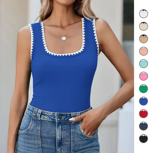 Summervibes Yousify Women's Square Neck Tank Tops 2026 Summer Sleeveless Shirts Casual Slim Fitted Color Block Ribbed Tanks for Vacation Beach Home Workout Daily Wear Cute Womenswear
