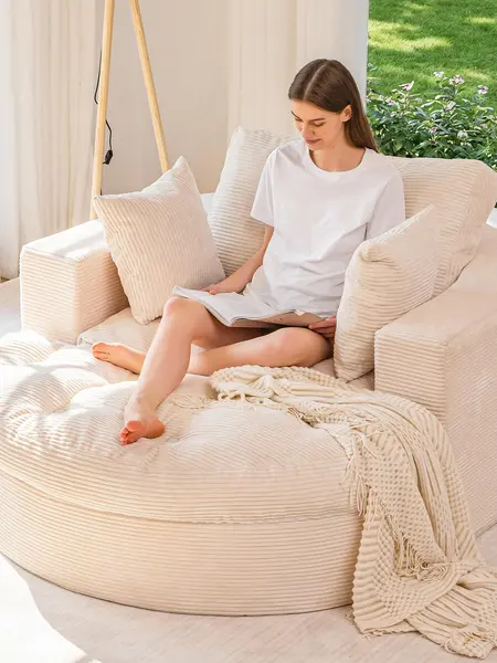 MAXYOYO Oversized Round Chaise Lounge Sofa, Upholstered Lounge Chair with 3 Pillows, Boneless Sofa Couch with Ottoman, Deep Seat Sleeper Chair for Living Room, Bedroom, No Assembly