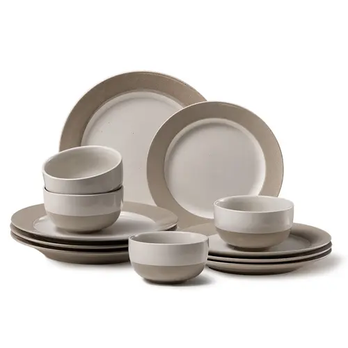 CAROTE [Official] 12-Piece Stylish French Country Stoneware Tableware Set - Modern Dish Set for 4, Includes Plates Bowls, Mugs, Chip-Resistant, BPA-Free, Contrasting Tones, Dishwasher & Microwave Safe
