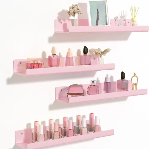 Pink Wall Mounted Acrylic Floating Shelves 15" Display Shelf - Space-Saving Perfume Organizer with Pre-Drilled Holes, Thick Durable Acrylic, Lip Front, 4-Pack for Bathroom Bedroom Living Room Kids