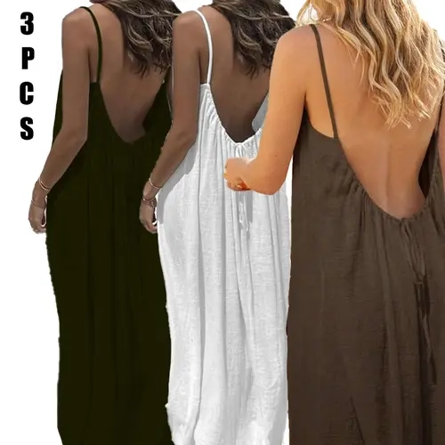 GYNLEUX Women's Basic Solid Color Backless Sleeveless Cami Dress - 1-3 Pcs, Comfortable Fabric Casual Clothing for Summer Beach Holiday