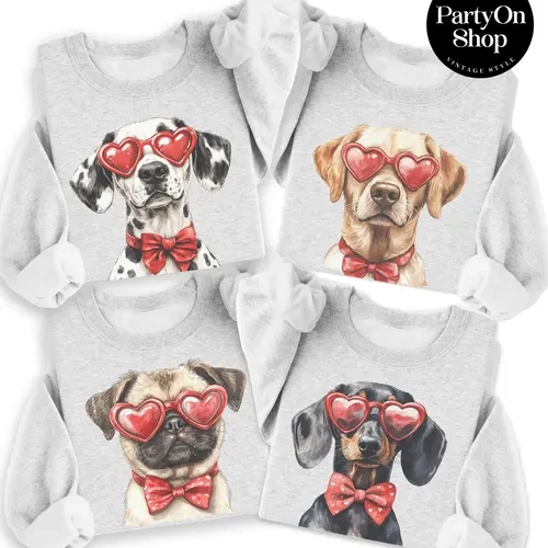 Vintage Valentines Dog Sweatshirt Heart Sunglasses Valentines Dog Breed Pullover Casual Crewneck Sublimation Womens Sweatshirt