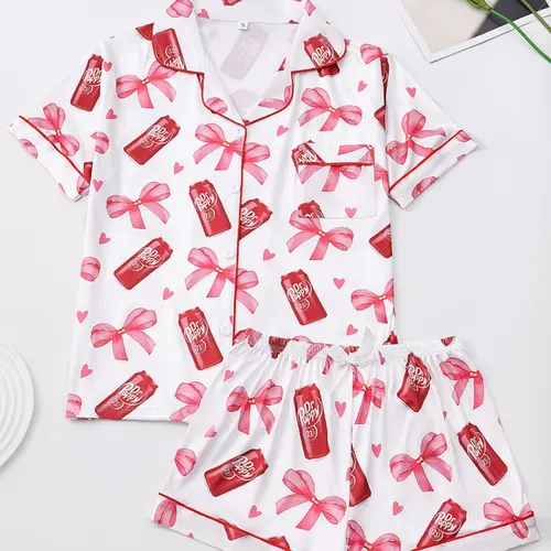 Women's Short Sleeve Pajama Set, Cartoon Print, Soft Fabric, Elegant Comfortable Top and Wide Leg Shorts, All Seasons Casual Wear