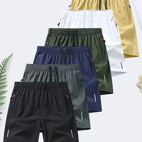 6-piece set, men's zipper pocket shorts, summer ice silk beach shorts, ice-sense quick-dry sports casual pants, basketball shorts thin, plus-size men's clothing reflective strip design,  Menswear，Plain Trouser，suitable for running and fitness. Beige,summe
