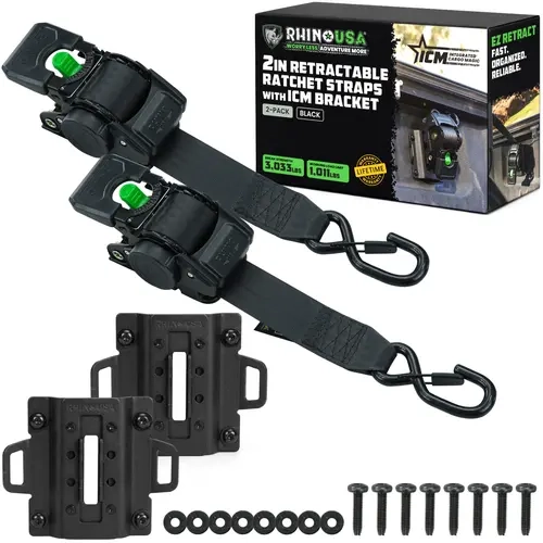 Rhino USA 2"x9' Bed-Mounted Retractable Ratchet Straps - Vehicle-Specific Truck Bed Mount - For Ford, Toyota, GM. Removable. 360° Swivel. 3,033 lb Break Strength. Compatible with Select Truck Bed Mounting Systems.