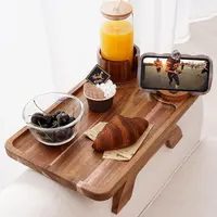 Sweetcrispy Acacia Wood Sofa Armrest Table - 3-in-1 Clip-On Tray with Stable Surface, Cup Holder, 360°Rotatable Phone Holder for Sofa Snacking, TV Watching