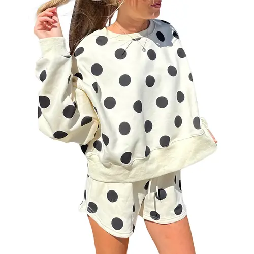 Mntaor Women's Beige Polka Dot 2-Piece Loungewear Set - Adjustable Drawstring Shorts, Long Sleeve Drop Shoulder Top, Fitted Comfortable Casual Clothes