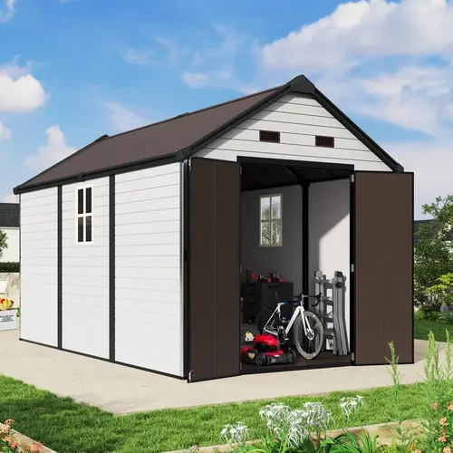 [Ships in 4 Boxes] AMERLIFE Resin Storage Shed with Floor, Lockable Outdoor Storage Shed with Windows, Vents, All-Weather Use Plastic Structure for Garden, Backyard, Patio, Lawn – White & Brown[TikTokShopFallDealsForYou]