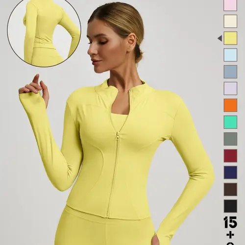 New Women's Zipper Jacket, High-End Solid Color Thumb Hole Long Sleeve Sporty Top, Stretchy Slim Fit Outerwear