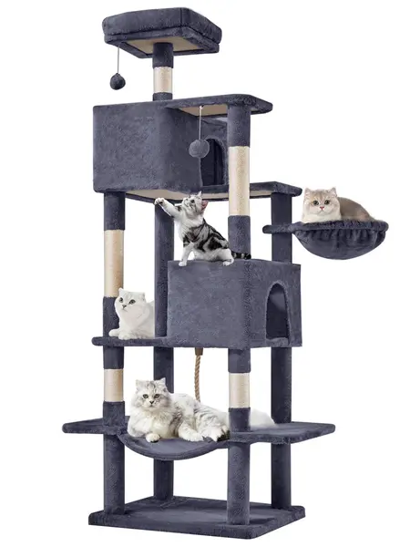 Sweetcrispy Modern Kitty Ball Play Towers & Trees with Cozy Removable Hammock, Scratching Posts, Vertical Scratcher, Cat Condo, Hanging Ball - 22.44"x13.78"x39.37"H, Faux Fur, Natural Sisal Posts, Wall-Mountable Pet Furniture