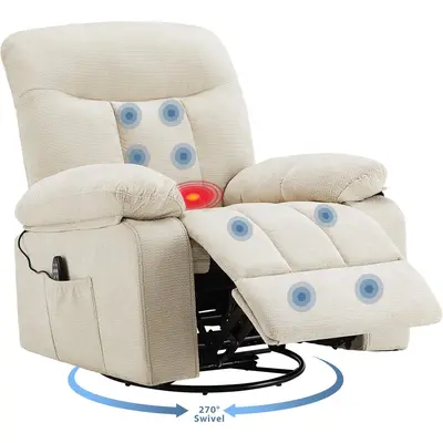 Sweetcrispy Chenille Fabric Swivel Rocker Recliner Chair - 270° Swivel, Vibration Massage, Lumbar Heating, Footrest, Relaxation Timer Indoor Living Room Furniture for Bedroom Use